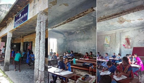 প্রাথমিক বিদ্যালয়ের ঝুঁকিপূর্ণ ভবনে পাঠদান