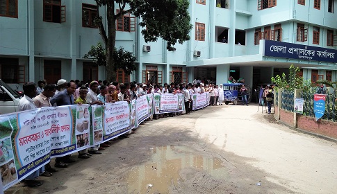 বকেয়া পরিশোধের দাবিতে জামালপুরে পাট ব্যবসায়ী সমিতির মানববন্ধন 