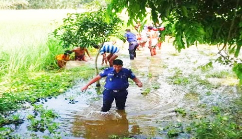 মৃত দেহ খুঁজতে হাটু পানিতে ওসি মাসুদুর রহমান 