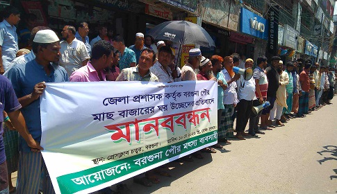বরগুনার মৎস্য ব্যবসায়ীদের উচ্ছেদের প্রতিবাদে মানববন্ধন