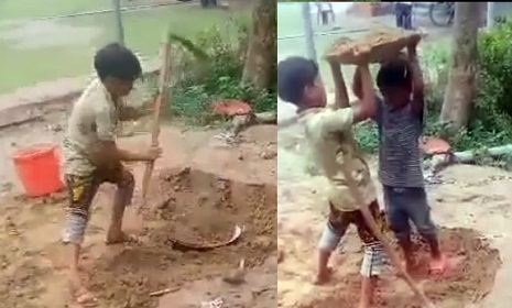 তীব্র তাপাদহের মধ্যে শিশুদের দিয়ে মাটি টানা কাজের ভিডিও ভাইরাল
