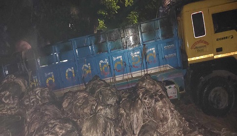 গভীর রাতে পাট বোঝাই চলন্ত ট্রাকে আগুন