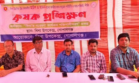 গোপালগঞ্জে বিনা'র উচ্চ ফলনশীল আউশ ও আমন ধানের জনপ্রিয় জাত নিয়ে কৃষক প্রশিক্ষণ