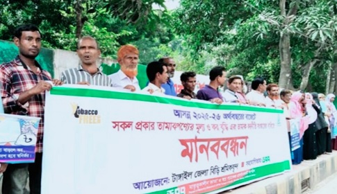 তামাকজাত পণ্যের মূল্য, কর বৃদ্ধি ও তামাক নিয়ন্ত্রণ নীতিমালা সংস্কারের দাবিতে টাঙ্গাইলে মানববন্ধন