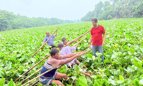 নগরকান্দায় কুমার নদের কচুরিপানা পরিষ্কার জনতার উচ্ছ্বাস