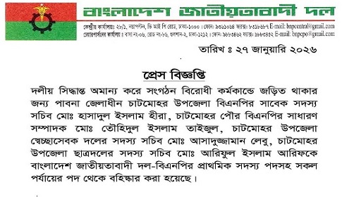 চাটমোহরে বিএনপির চার নেতাকে বহিষ্কার